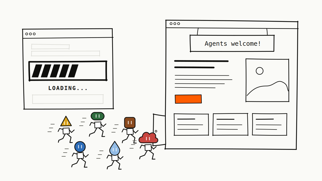 Agents run past a browser stuck on a loading bar toward another browser that says Agents welcome.