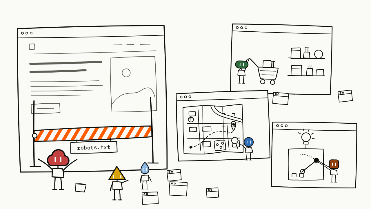 Agents at browser windows; one large page blocked by an orange-striped robots.txt barrier; smaller windows show shopping, a map, and a control panel.